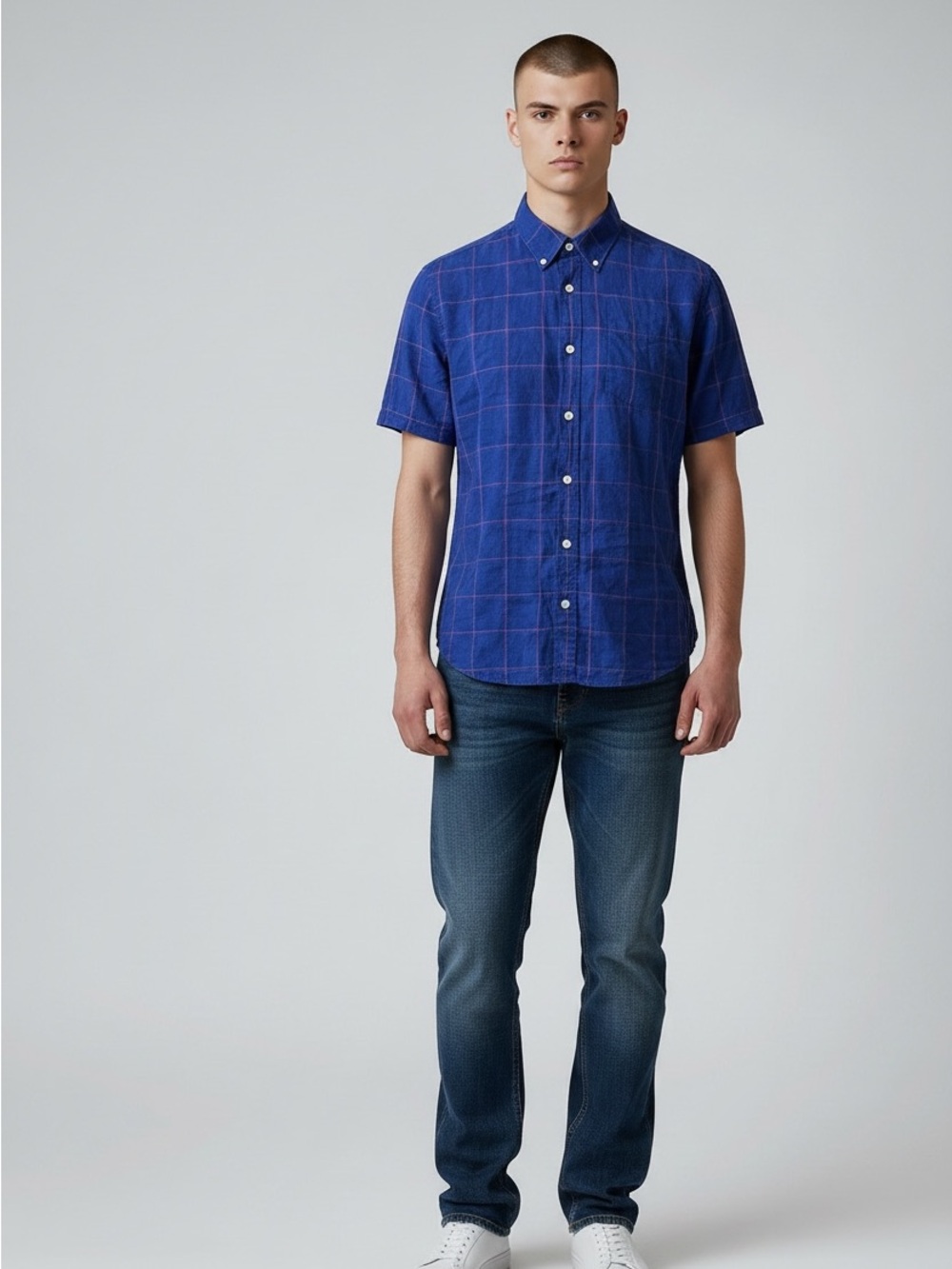 Jachs Men’s Size Medium Short Sleeve Blue Windowpane Linen Button Down Shirt